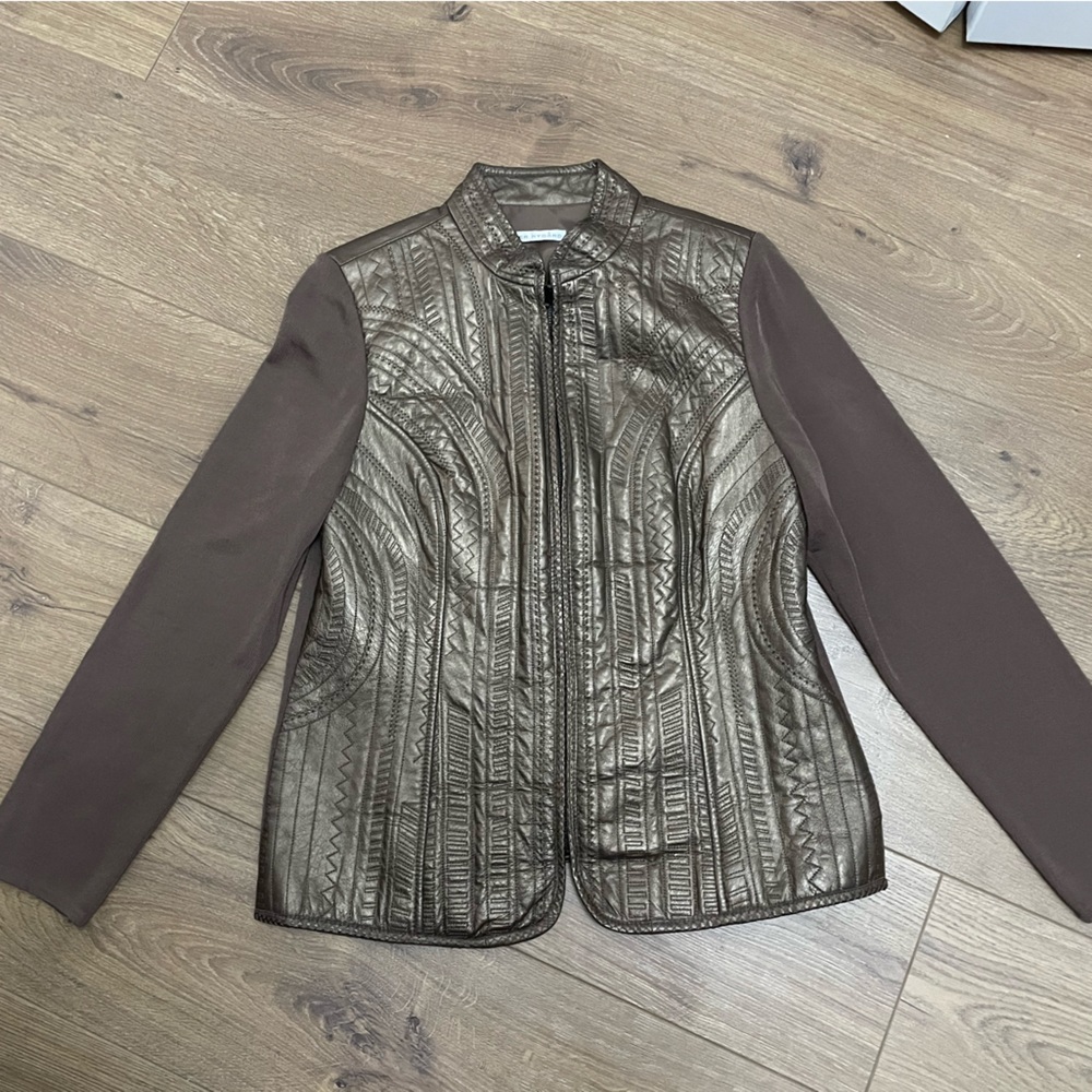 Peter Nygard Vintage Geometric Brown Zip Leather Stretch Jacket Women's Medium